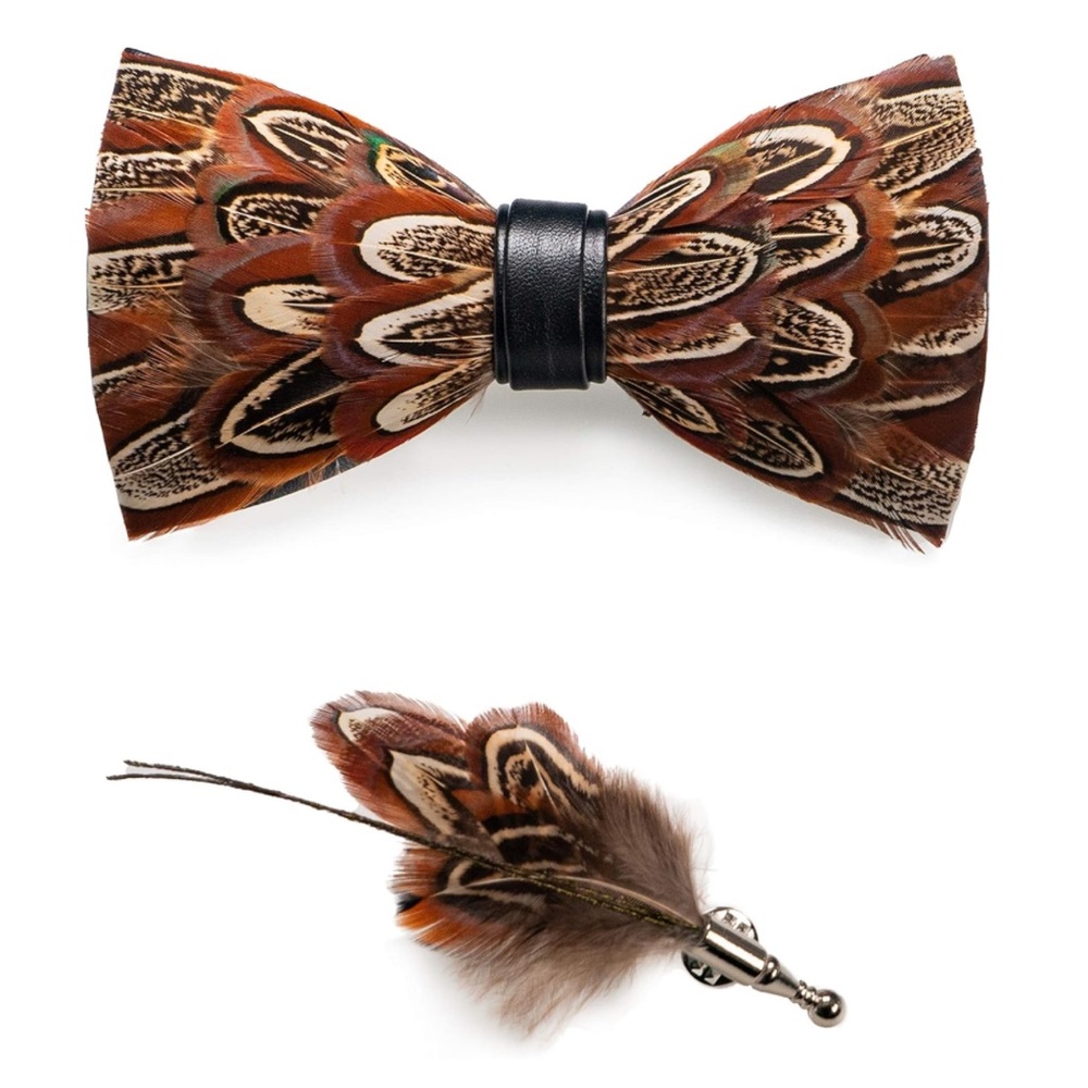 Men’s Handmade Pre Tied Faux Leather and Feather Bow tie and matching Lapel